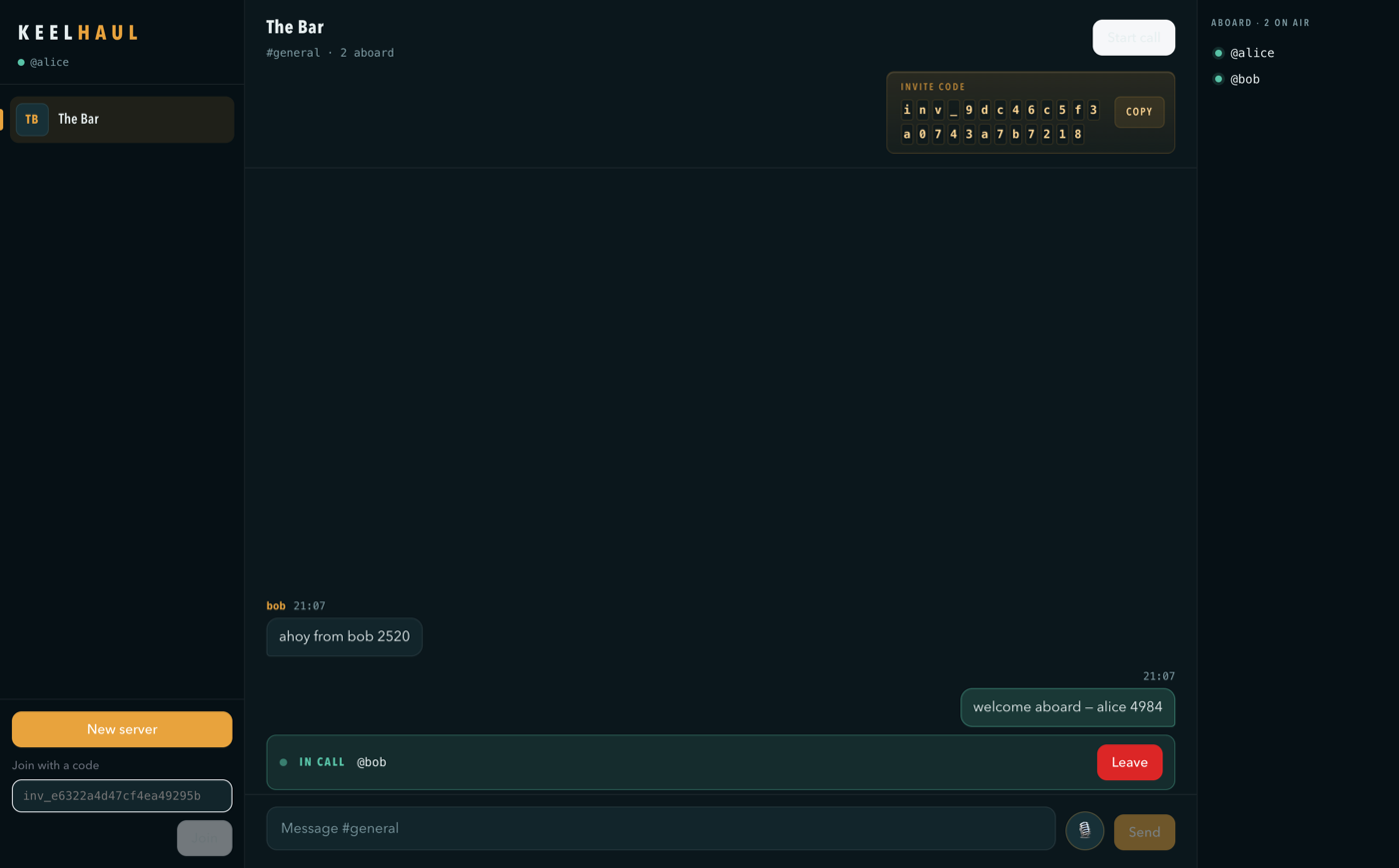 Keelhaul: a chat app built by Forge, showing a voice call in progress between two accounts